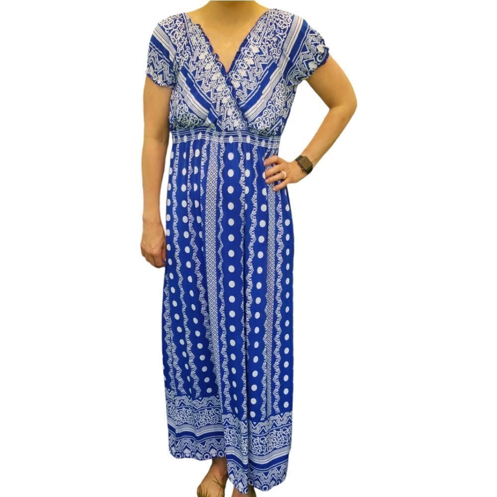 Lapogee Maxi Crossover Front High Waist Short Cap Sleeve Blue and White Size 2X